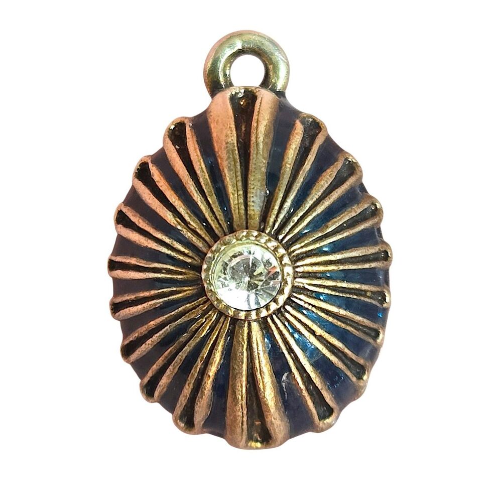 Vintage Sterling Vermeil Enamel Egg Charm Pendant Teal Blue Starburst 20mm